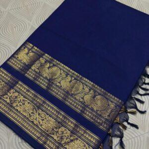 Navy Blue & Gold Peacock Chettinad Cotton Saree