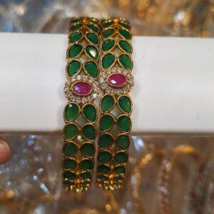 Emerald Green & Ruby Antique Gold Bangles